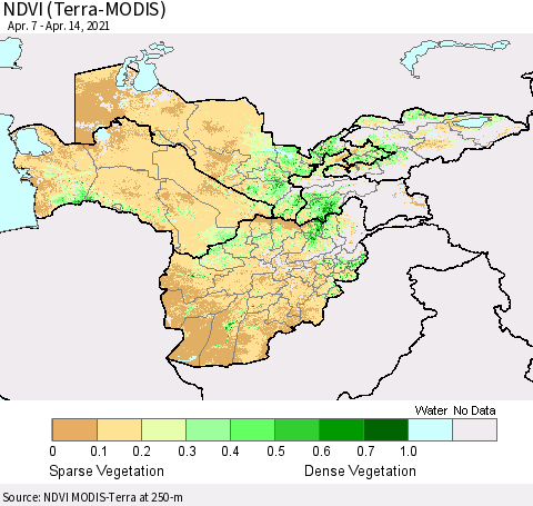 Central Asia NDVI (Terra-MODIS) Thematic Map For 4/7/2021 - 4/14/2021