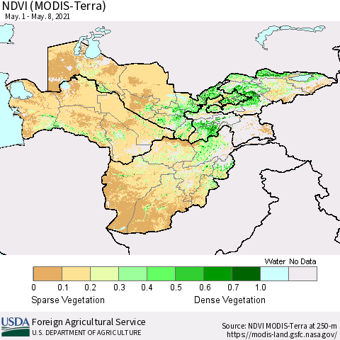 Central Asia NDVI (Terra-MODIS) Thematic Map For 5/1/2021 - 5/10/2021