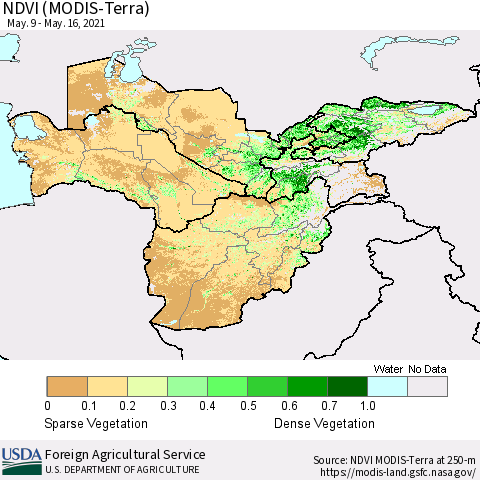Central Asia NDVI (Terra-MODIS) Thematic Map For 5/11/2021 - 5/20/2021