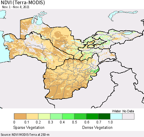 Central Asia NDVI (Terra-MODIS) Thematic Map For 11/1/2021 - 11/8/2021