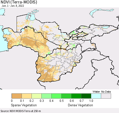 Central Asia NDVI (Terra-MODIS) Thematic Map For 1/1/2022 - 1/8/2022