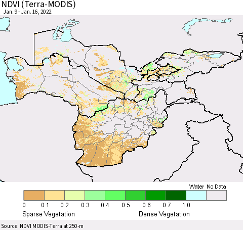 Central Asia NDVI (Terra-MODIS) Thematic Map For 1/9/2022 - 1/16/2022