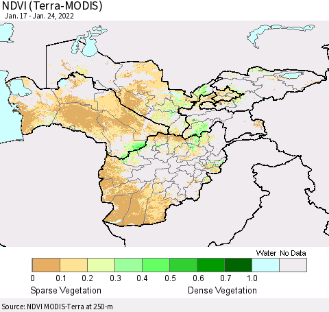 Central Asia NDVI (Terra-MODIS) Thematic Map For 1/17/2022 - 1/24/2022