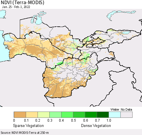 Central Asia NDVI (Terra-MODIS) Thematic Map For 1/25/2022 - 2/1/2022
