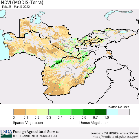 Central Asia NDVI (Terra-MODIS) Thematic Map For 3/1/2022 - 3/10/2022