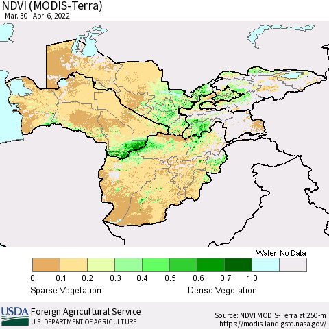 Central Asia NDVI (Terra-MODIS) Thematic Map For 4/1/2022 - 4/10/2022