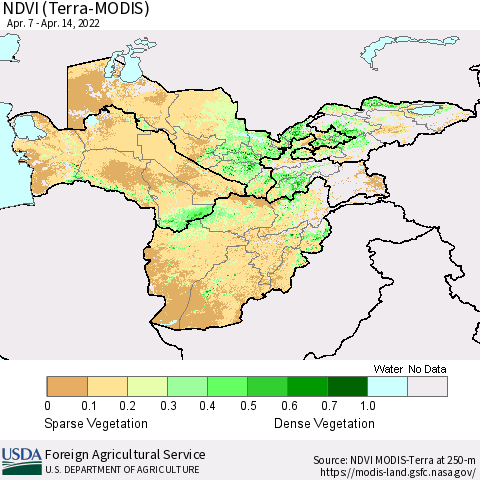 Central Asia NDVI (Terra-MODIS) Thematic Map For 4/11/2022 - 4/20/2022