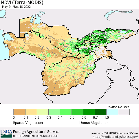 Central Asia NDVI (Terra-MODIS) Thematic Map For 5/11/2022 - 5/20/2022