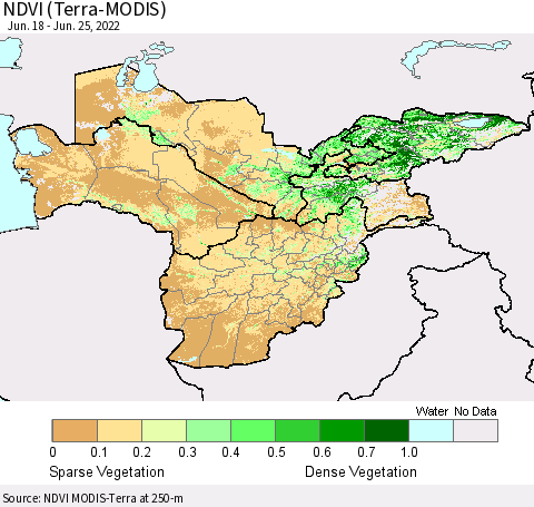 Central Asia NDVI (Terra-MODIS) Thematic Map For 6/18/2022 - 6/25/2022