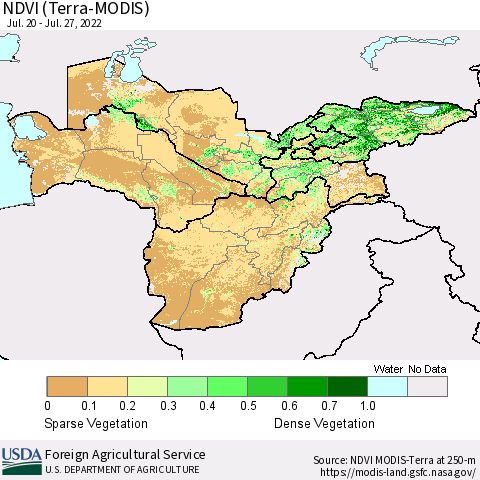 Central Asia NDVI (Terra-MODIS) Thematic Map For 7/21/2022 - 7/31/2022