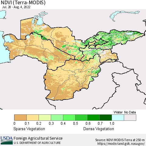 Central Asia NDVI (Terra-MODIS) Thematic Map For 8/1/2022 - 8/10/2022