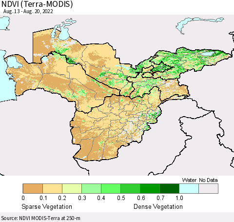 Central Asia NDVI (Terra-MODIS) Thematic Map For 8/11/2022 - 8/20/2022