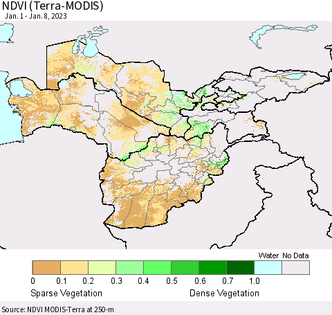 Central Asia NDVI (Terra-MODIS) Thematic Map For 1/1/2023 - 1/8/2023