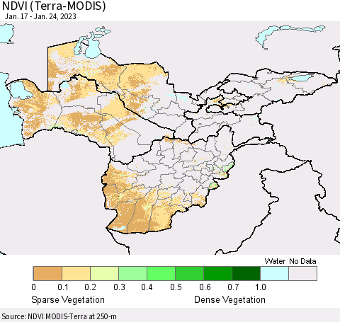 Central Asia NDVI (Terra-MODIS) Thematic Map For 1/17/2023 - 1/24/2023