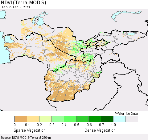 Central Asia NDVI (Terra-MODIS) Thematic Map For 2/2/2023 - 2/9/2023