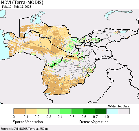 Central Asia NDVI (Terra-MODIS) Thematic Map For 2/10/2023 - 2/17/2023