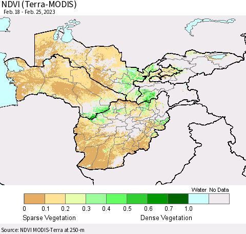 Central Asia NDVI (Terra-MODIS) Thematic Map For 2/18/2023 - 2/25/2023