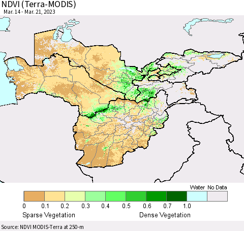 Central Asia NDVI (Terra-MODIS) Thematic Map For 3/14/2023 - 3/21/2023