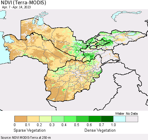 Central Asia NDVI (Terra-MODIS) Thematic Map For 4/7/2023 - 4/14/2023