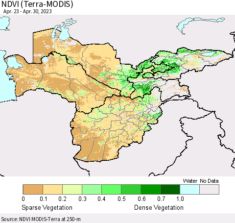 Central Asia NDVI (Terra-MODIS) Thematic Map For 4/23/2023 - 4/30/2023