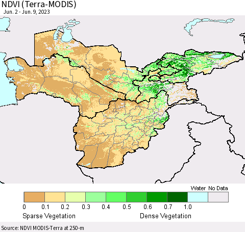 Central Asia NDVI (Terra-MODIS) Thematic Map For 6/2/2023 - 6/9/2023