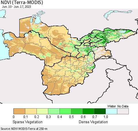 Central Asia NDVI (Terra-MODIS) Thematic Map For 6/10/2023 - 6/17/2023