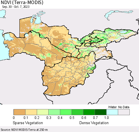 Central Asia NDVI (Terra-MODIS) Thematic Map For 9/30/2023 - 10/7/2023