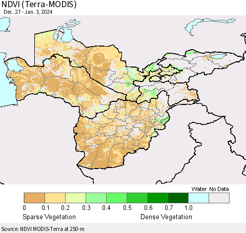 Central Asia NDVI (Terra-MODIS) Thematic Map For 12/27/2023 - 1/3/2024