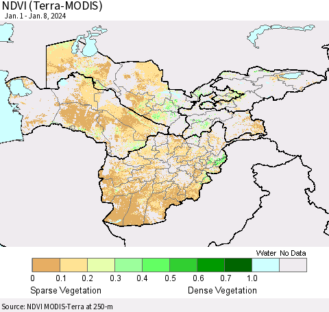 Central Asia NDVI (Terra-MODIS) Thematic Map For 1/1/2024 - 1/8/2024