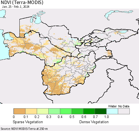 Central Asia NDVI (Terra-MODIS) Thematic Map For 1/25/2024 - 2/1/2024