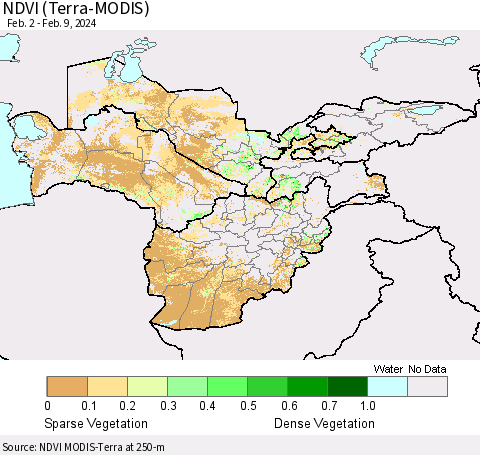Central Asia NDVI (Terra-MODIS) Thematic Map For 2/2/2024 - 2/9/2024