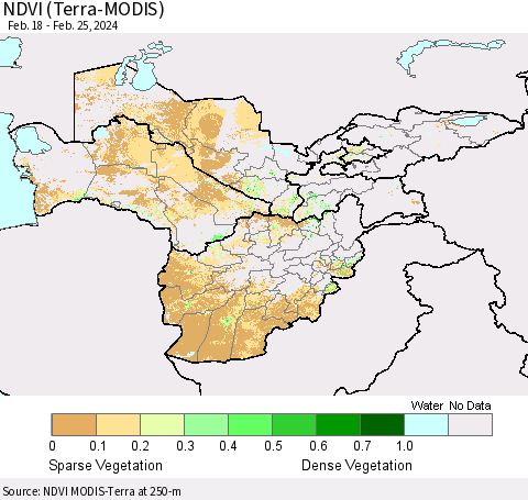Central Asia NDVI (Terra-MODIS) Thematic Map For 2/18/2024 - 2/25/2024