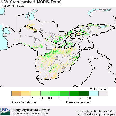 Central Asia Cropland NDVI (Terra-MODIS) Thematic Map For 4/1/2020 - 4/10/2020