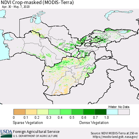 Central Asia Cropland NDVI (Terra-MODIS) Thematic Map For 5/1/2020 - 5/10/2020