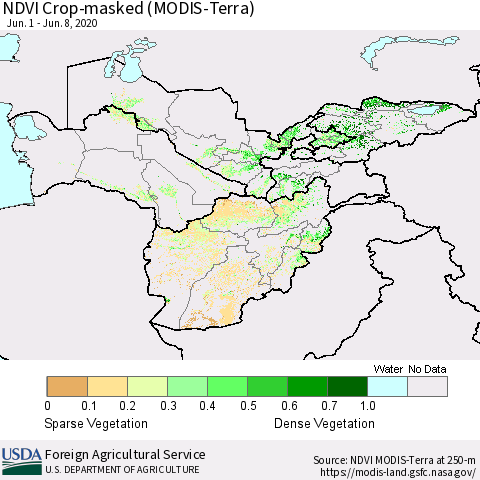 Central Asia Cropland NDVI (Terra-MODIS) Thematic Map For 6/1/2020 - 6/10/2020