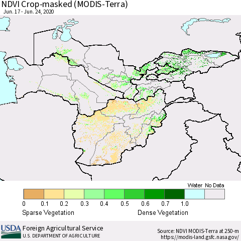 Central Asia Cropland NDVI (Terra-MODIS) Thematic Map For 6/21/2020 - 6/30/2020