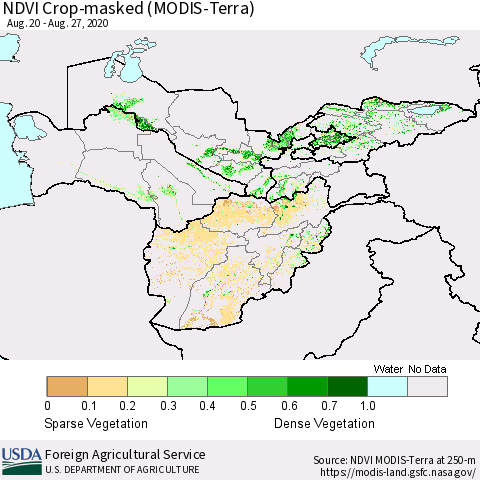 Central Asia Cropland NDVI (Terra-MODIS) Thematic Map For 8/21/2020 - 8/31/2020