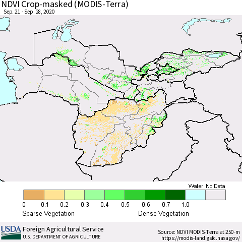 Central Asia Cropland NDVI (Terra-MODIS) Thematic Map For 9/21/2020 - 9/30/2020