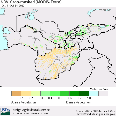 Central Asia Cropland NDVI (Terra-MODIS) Thematic Map For 10/11/2020 - 10/20/2020