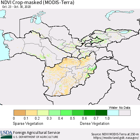 Central Asia Cropland NDVI (Terra-MODIS) Thematic Map For 10/21/2020 - 10/31/2020