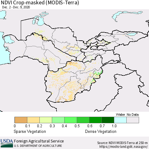 Central Asia Cropland NDVI (Terra-MODIS) Thematic Map For 12/1/2020 - 12/10/2020