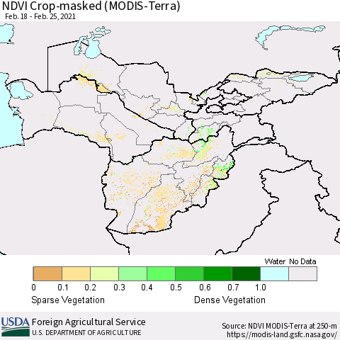 Central Asia Cropland NDVI (Terra-MODIS) Thematic Map For 2/21/2021 - 2/28/2021