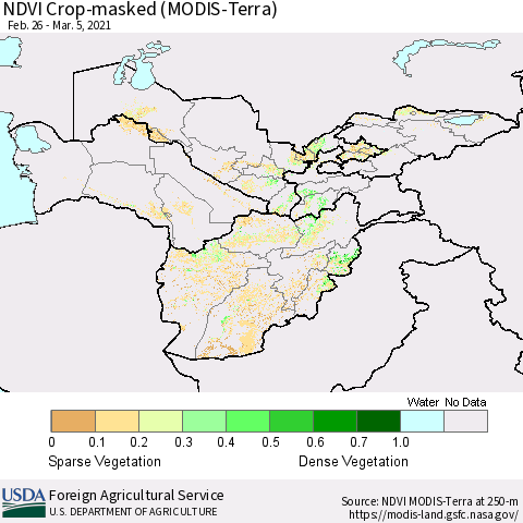 Central Asia Cropland NDVI (Terra-MODIS) Thematic Map For 3/1/2021 - 3/10/2021
