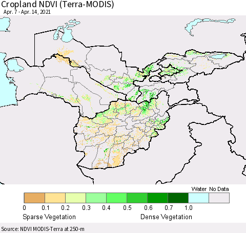 Central Asia Cropland NDVI (Terra-MODIS) Thematic Map For 4/7/2021 - 4/14/2021