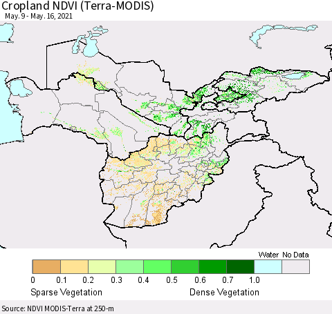 Central Asia Cropland NDVI (Terra-MODIS) Thematic Map For 5/9/2021 - 5/16/2021