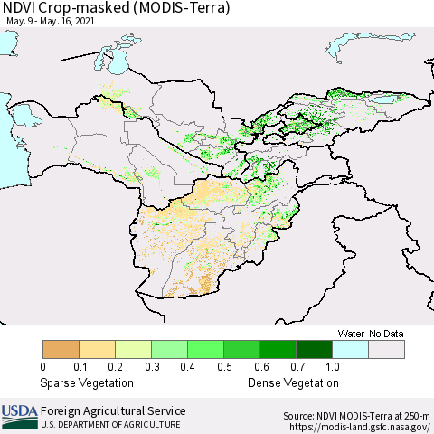 Central Asia Cropland NDVI (Terra-MODIS) Thematic Map For 5/11/2021 - 5/20/2021