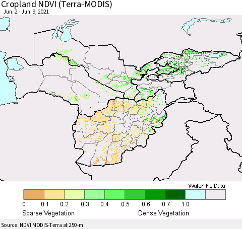 Central Asia Cropland NDVI (Terra-MODIS) Thematic Map For 6/2/2021 - 6/9/2021