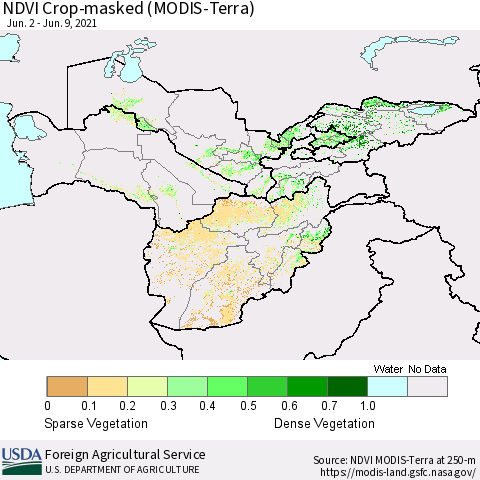 Central Asia Cropland NDVI (Terra-MODIS) Thematic Map For 6/1/2021 - 6/10/2021