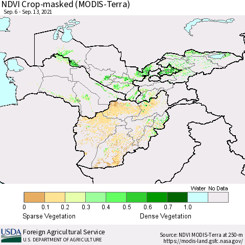 Central Asia Cropland NDVI (Terra-MODIS) Thematic Map For 9/11/2021 - 9/20/2021
