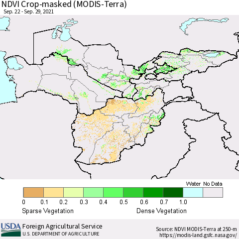 Central Asia Cropland NDVI (Terra-MODIS) Thematic Map For 9/21/2021 - 9/30/2021